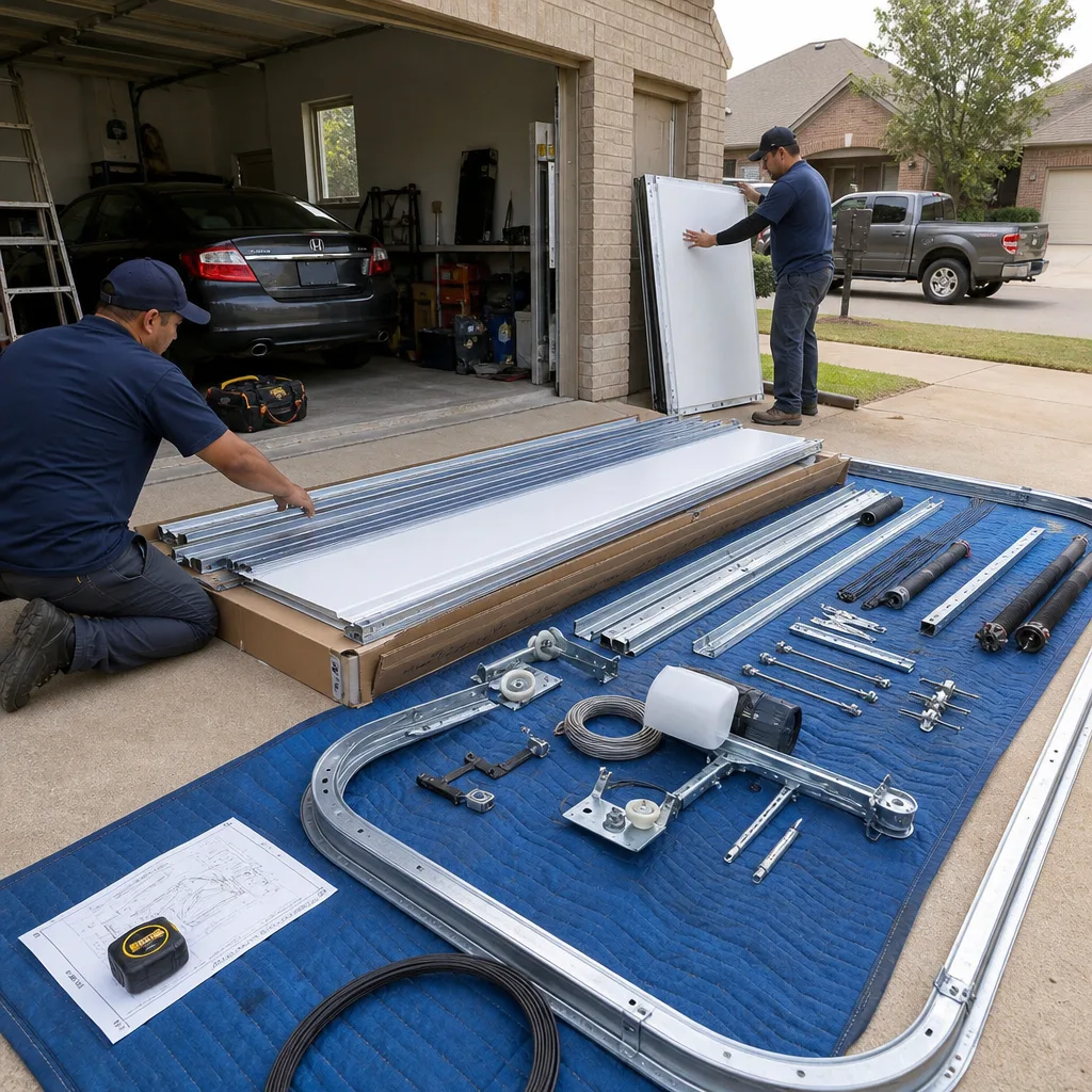 Technicians preparing parts for professional garage door installation