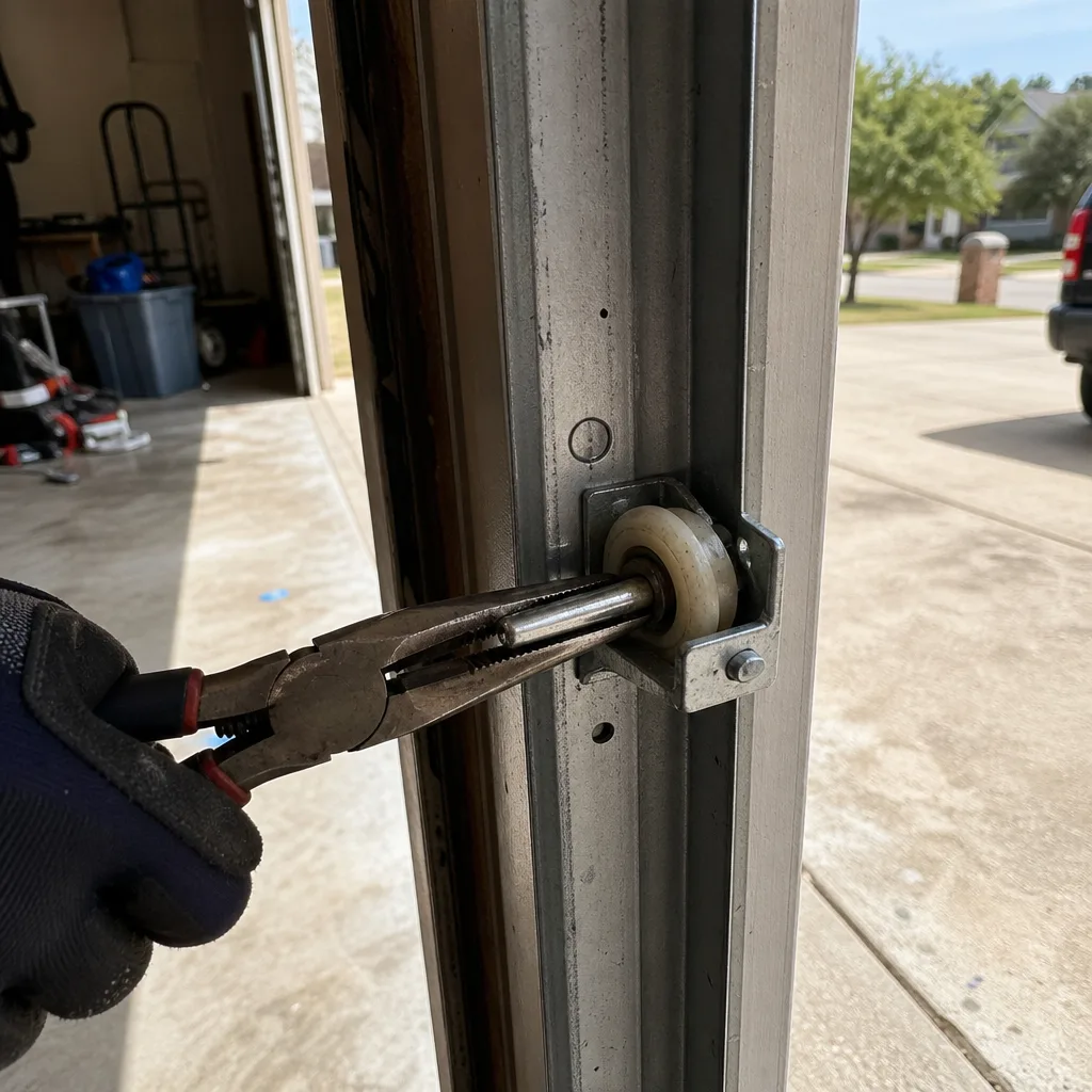 Hand using pliers to repair a garage door roller in a track