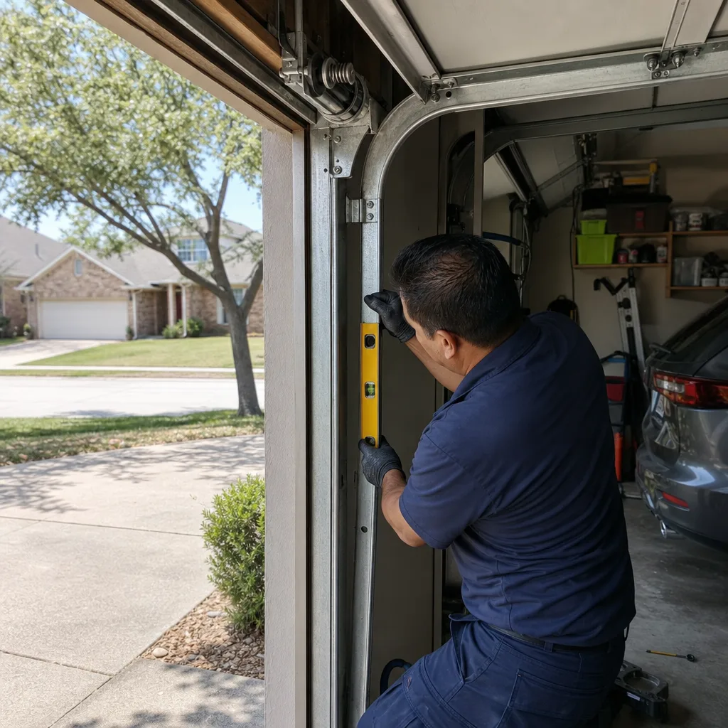 Technician checking garage door track alignment with a level