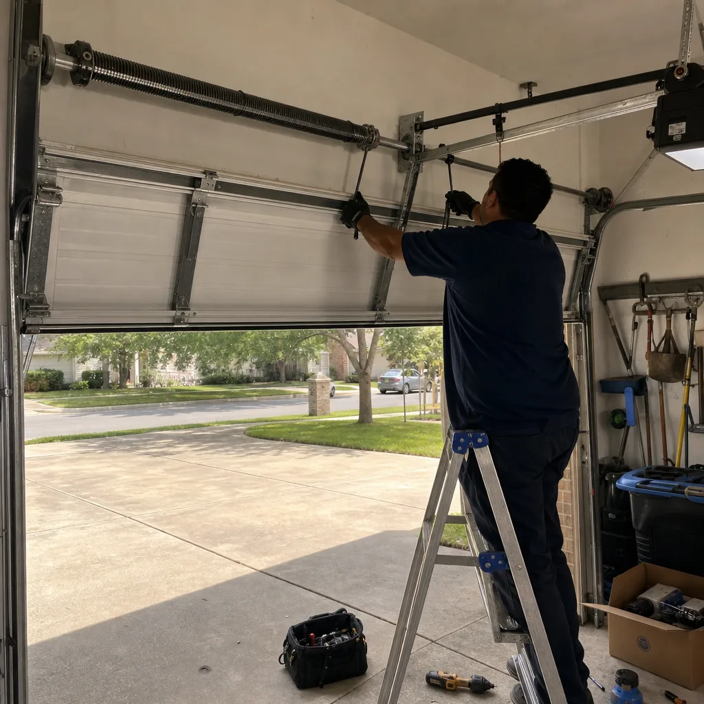 Professional technician performing garage door spring repair from a ladder